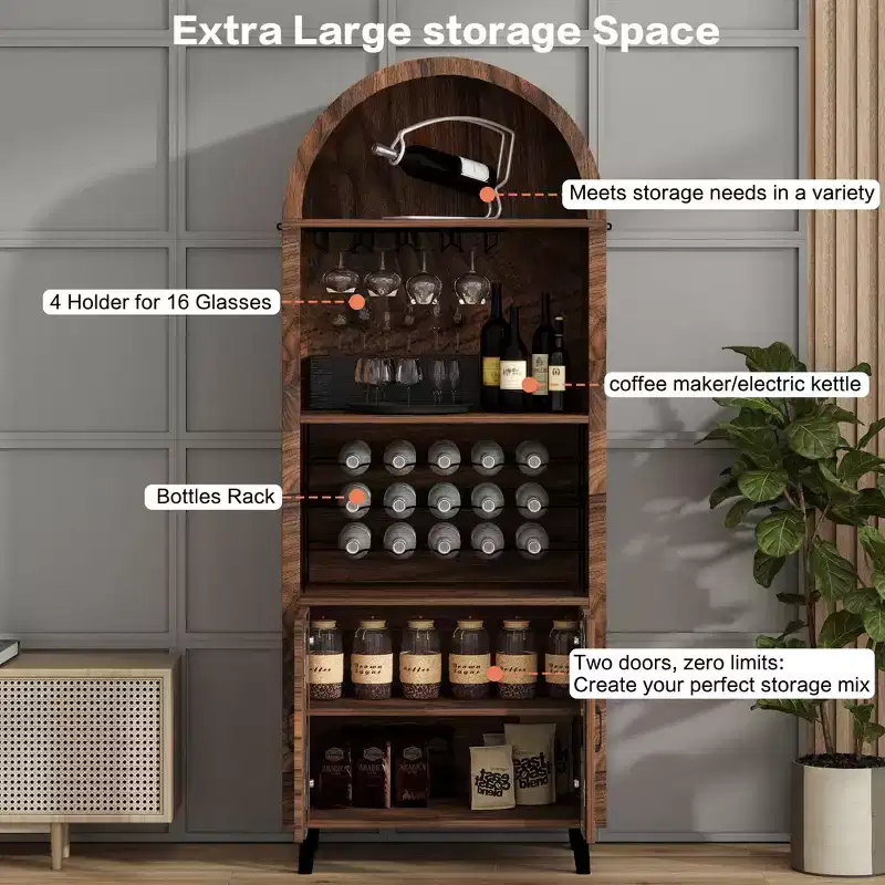 71''Farmhouse-Style Arched Display Cabinet with Wine Rack and Glass Holder Wine Storage Cabinet for Dining Rooms and Living Rooms, Walnut