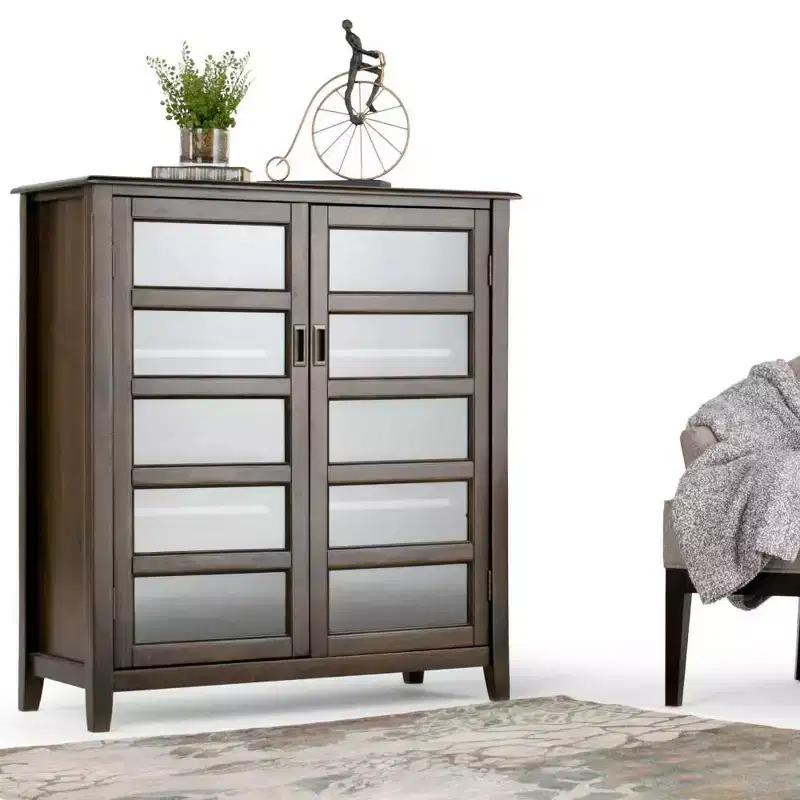40" Portland Medium Storage Cabinet Mahogany Brown - WyndenHall: Tempered Glass Doors, Pine Frame, 4 Adjustable Shelves