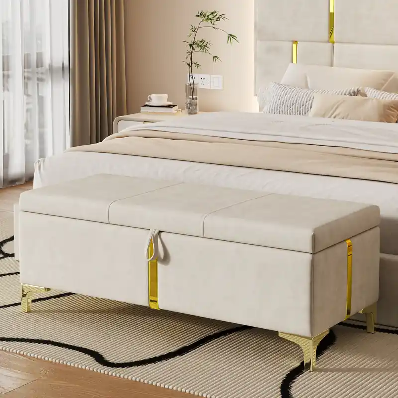 Soft Velvet Upholstered Storage Ottoman Bench With Metal Legs