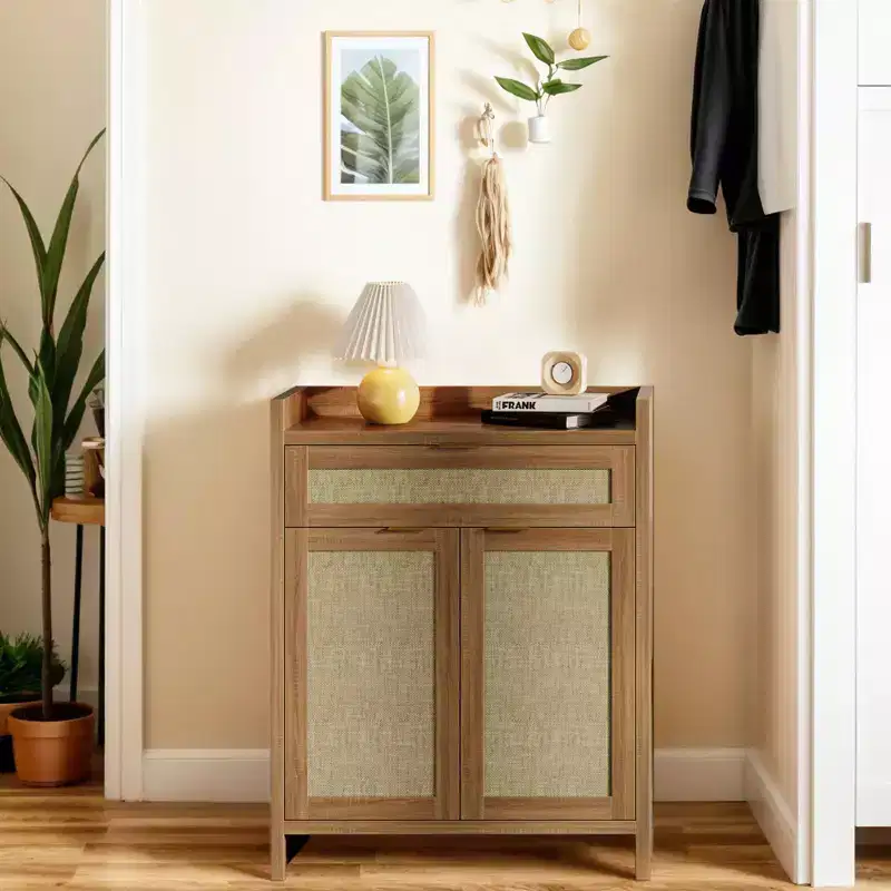 Shoe Cabinet, Wooden Storage Cabinet with Doors and Drawer, Rattan Buffet Sideboard with Adjustable Shelf