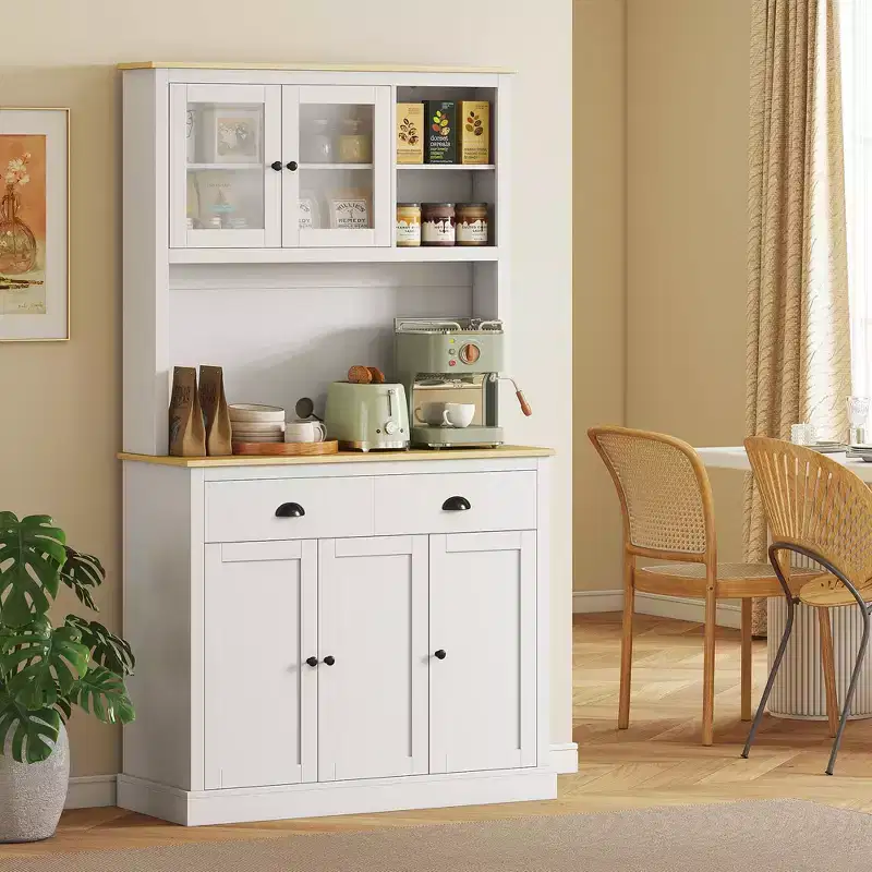 Freestanding Tall Pantry Cabinet with Wide Countertop & Adjustable Shelves, Modern Kitchen Hutch