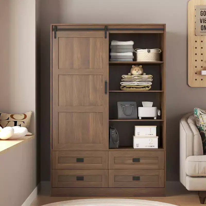 Tall Bedroom Armoire Wardrobe with Hanging Rod, Sliding Barn Door, 4 Drawers & Open Shelves