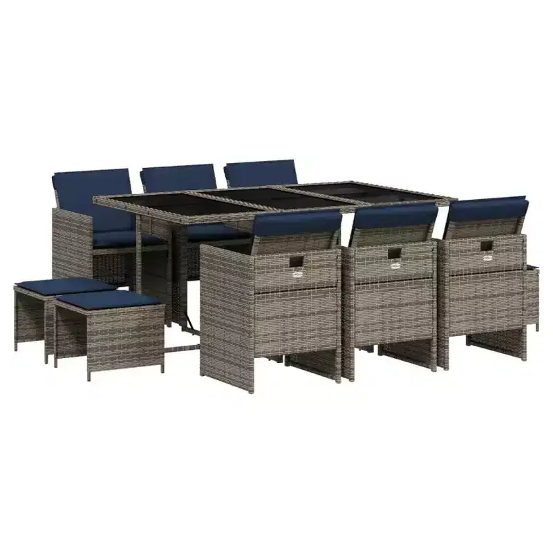 vidaXL Patio Dining Set with Cushions - 11 Piece Gray Poly Rattan Outdoor Garden Table and Chairs Furniture, Compact Storage, Tempered Glass Top
