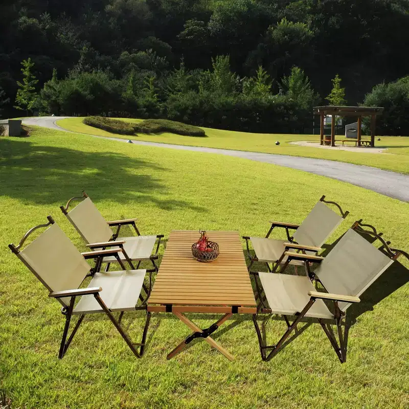 Multifunctional Foldable Portable Dining Set, 1 Dining Table, 4 Folding Chairs, Indoor Outdoor Wooden Camping Picnic Table for Garden Patio