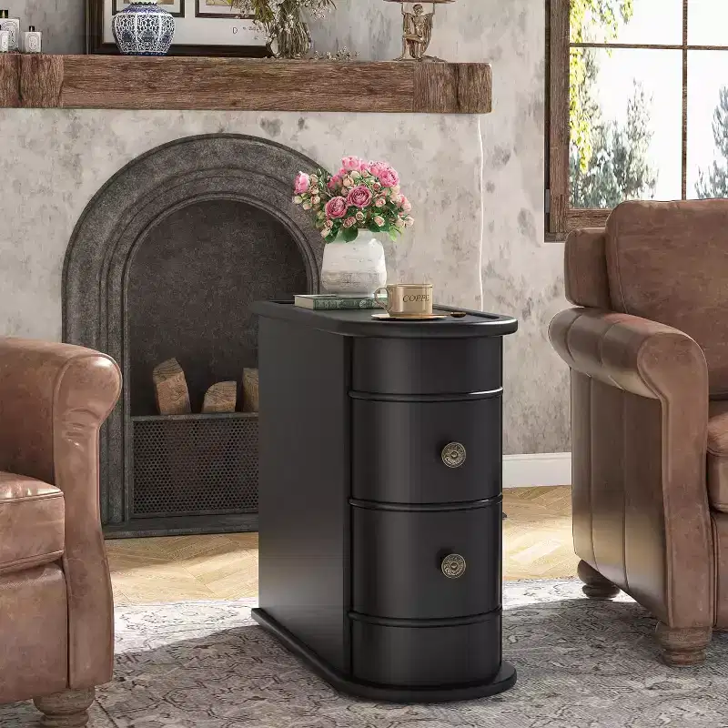 Slim 2-Drawer Wood End Table Narrow Nightstand Chairside Table No Assembly Required