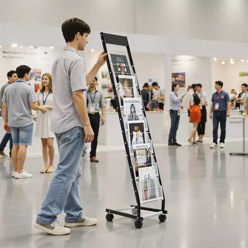 6-Tier Magazine Brochure Display Rack with Wheels, Narrow Metal Floor Standing Literature Stand, 6 Pockets, Black