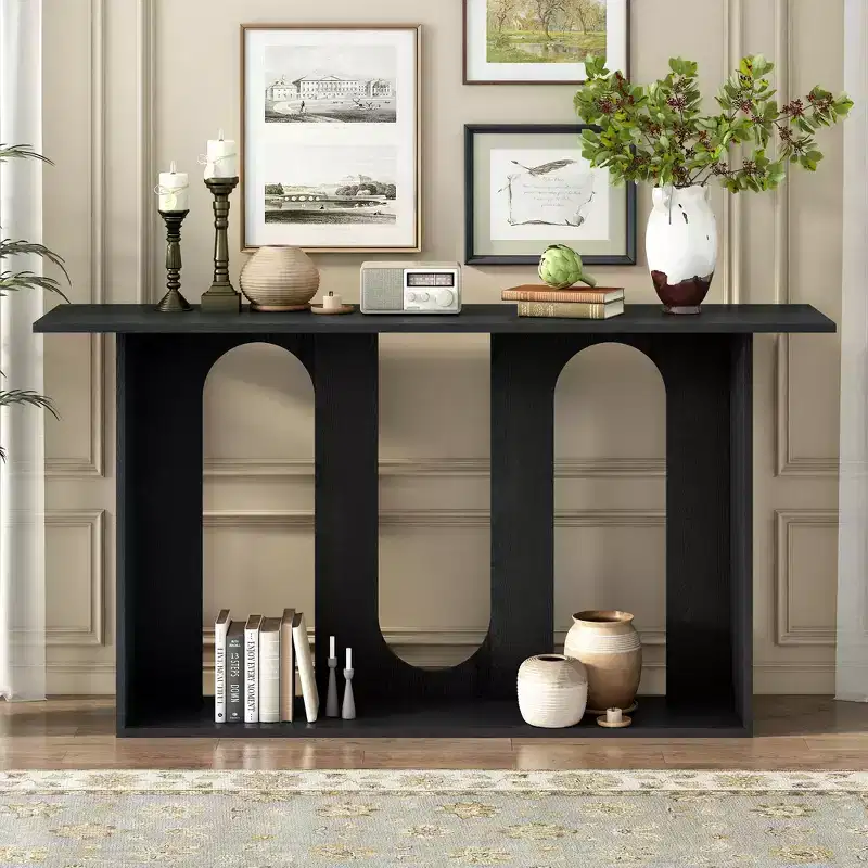 60 Inch Modern Curved Console Table with Ash Veneer and Bottom Shelf