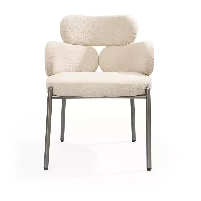 Beige & Gunmetal Boucle Dining Arm Chair – Steel Frame, 300 LB Capacity