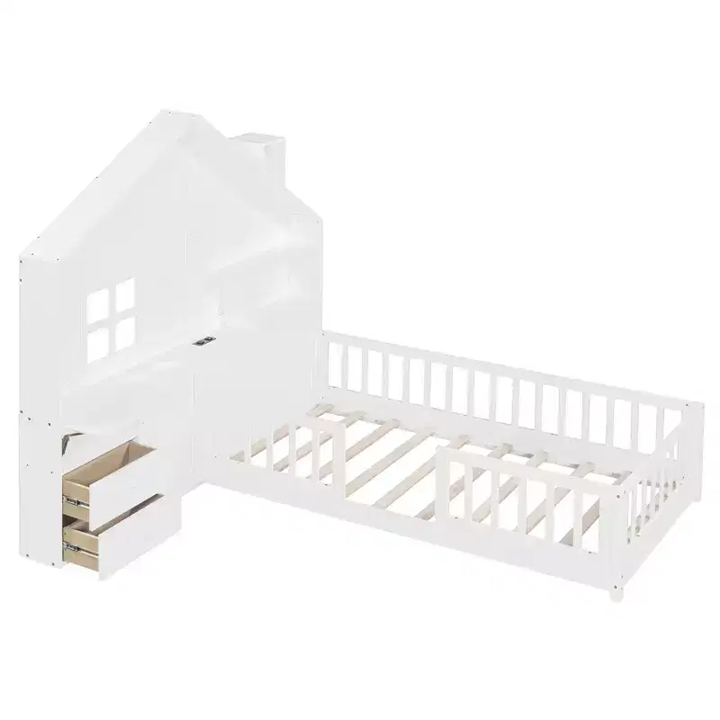 Polibi Twin Platform Bed with Storage Drawers, USB Charging Station & Windowed House Headboard