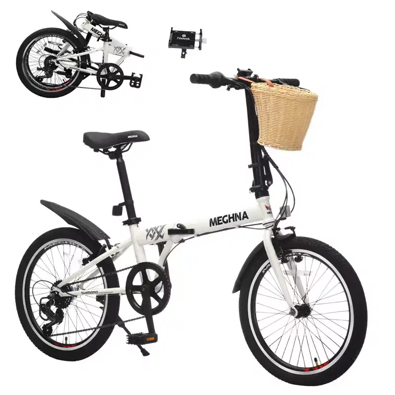 NAYSAYE 20 Inch Folding Bike for Adults with Basket Phone Holder Fenders 6 Speed Steel Frame Dual V Brakes for Men and Women, White, 61*26.38*42.13