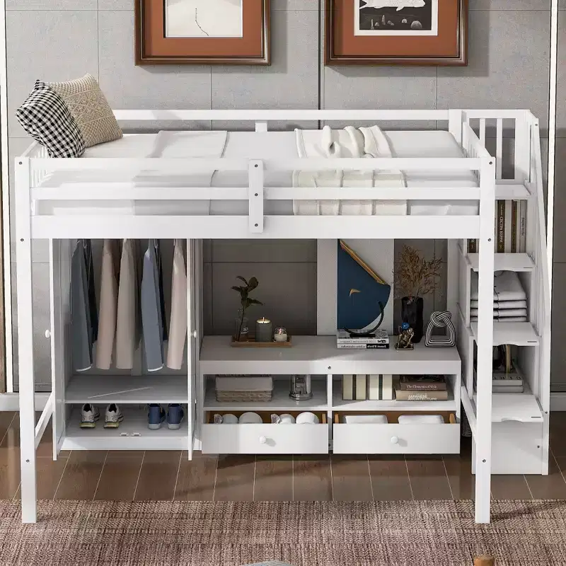 Okak Full Size Wooden Bunk Bed with Built-in Wardrobe, Storage Staircase, Loft Bunk Bed with Low Storage Table for Teens, Easy Assemble, White/Gray