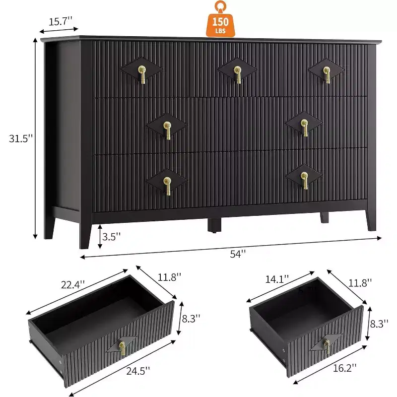 Acekool 54 7-Drawer Fluted Dresser, Wide Storage Organizer Cabinet with Deep Drawers and Anti-Tip Kit