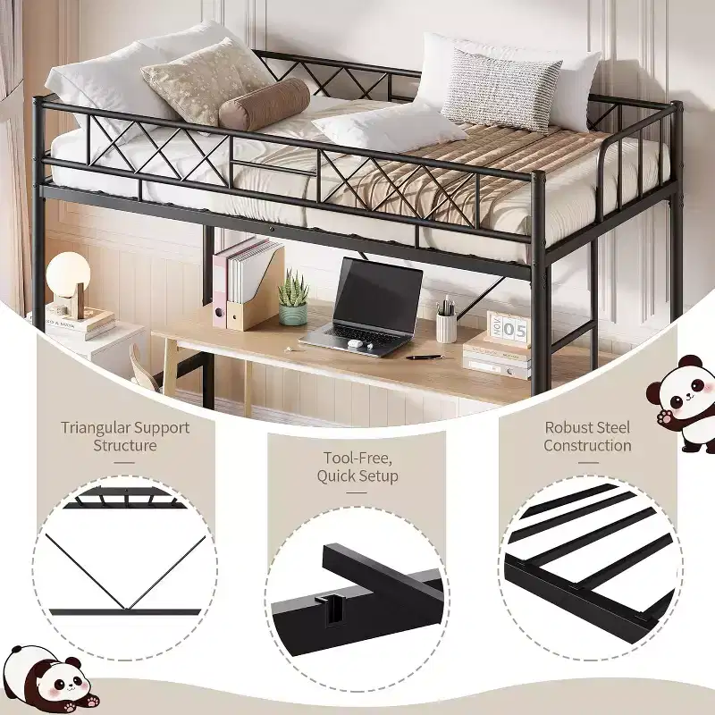 Twin Size Loft Bed, Heavy Duty Metal Frame with Arched Guardrail, Flat Ladder Rung and Steel Slat Support, No Box Spring Needed, Space Efficient