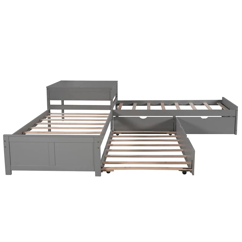 L-Shaped Bunk Bed with Trundle, Drawers, and Built-In Desk, Twin