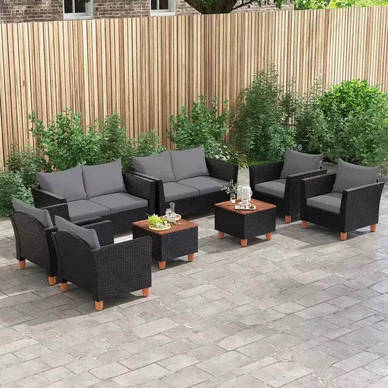 Costway 8 PCS Wicker Patio Furniture Set with Removable Cushions Storage Coffee Table Navy/Gray