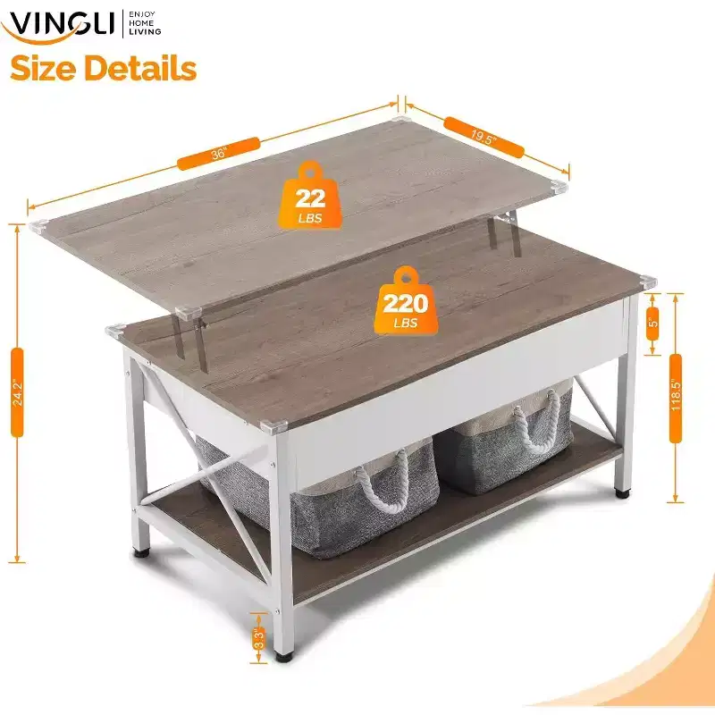 36 Lift Top Coffee Table with Cloth Storage Bins, Farmhouse Coffee Tables for Living Room, White Walnut