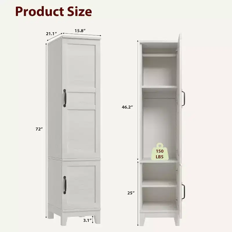 Armoire Wardrobe Closet with 2 Doors,72 in Wooden Wardrobe Cabinet with Hanging Rod, Narrow Tall Clothing Armoire Cabinet with 18 Adjustable Shelves