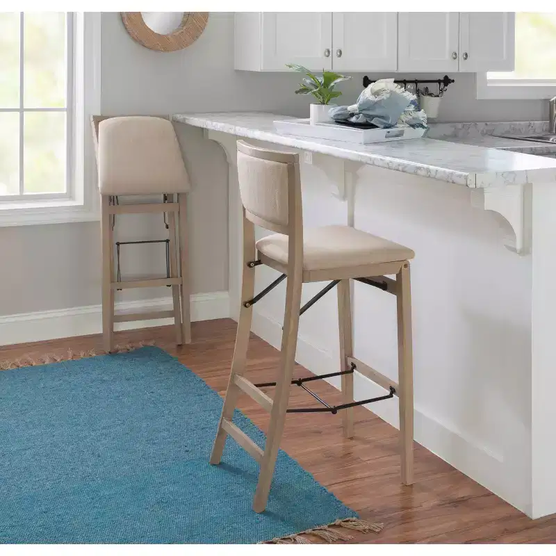 Keira Padded Back Solid Wood and Upholstered Seat Folding Barstool Gray Wash - Linon