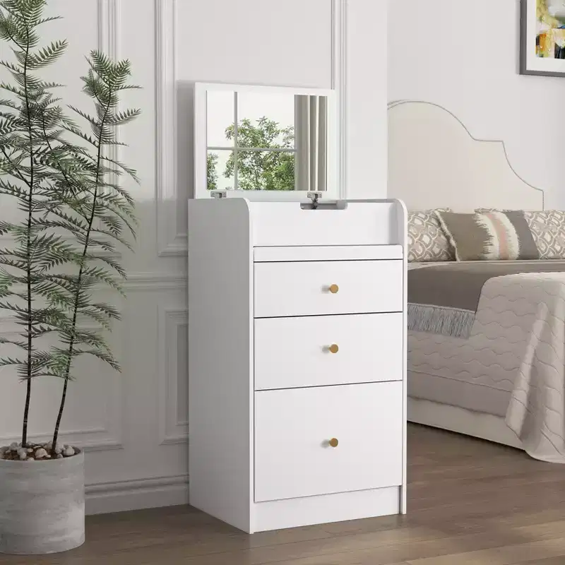 Makeup Vanity Desk with Mirror, Small Makeup Vanity Set with Storage Compartment, 2 Drawers & Hidden Stool, Modern Space-Saving Dressing Table