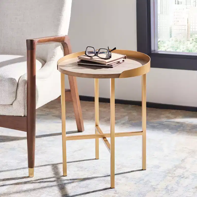 Prague Round Side Table - ACC4208A - Light Grey Oak/Gold - Safavieh