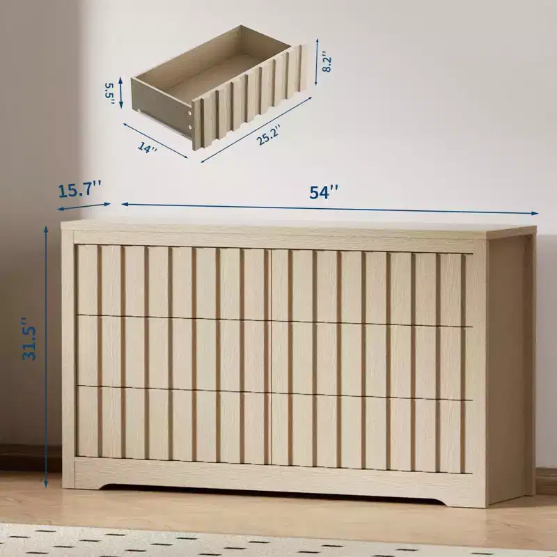 Fluted Dresser for Bedroom with 6 Drawers,Modern Chest of Drawers with Handleless,Wooden Dresser, Wood Clothes Closet Organizer with Deep Storage