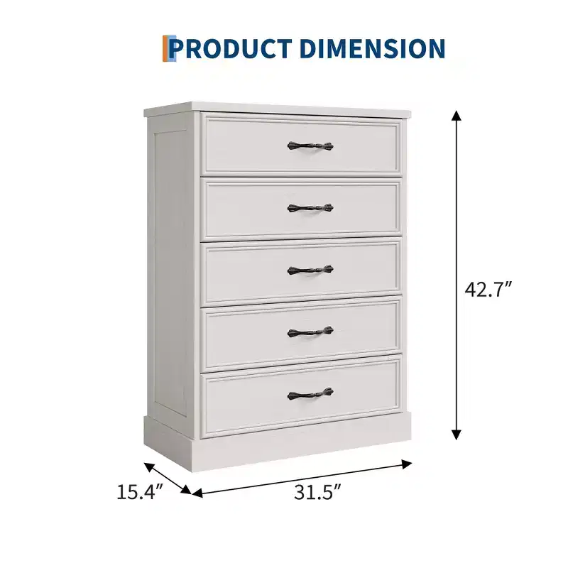 42 Mid-Century Modern 5-Drawer Dresser - Wooden Chest of Drawers with Closet Storage for Bedroom or Living Room (White)