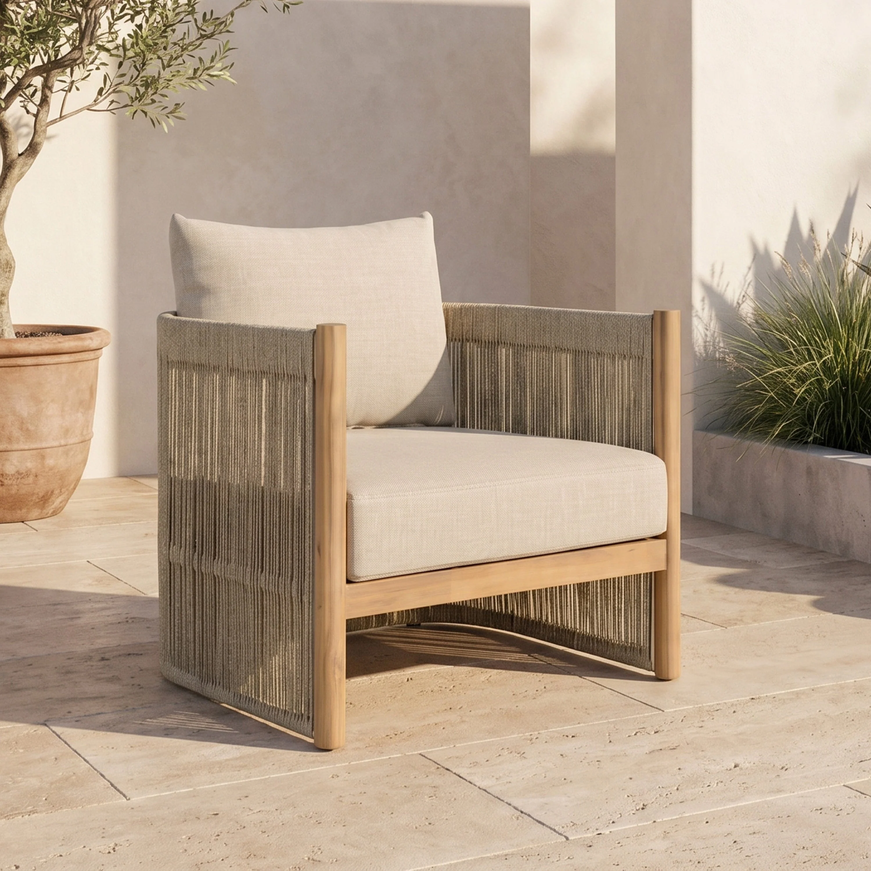 Modern Natural Beige Lounge Chair with Kiln-Dried Wood Frame