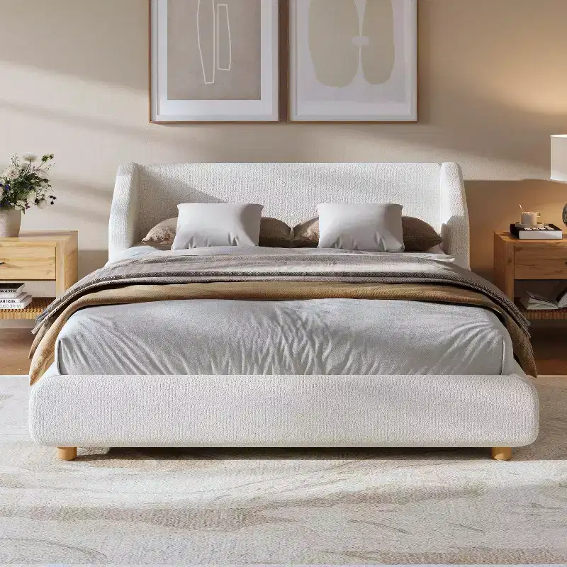 Sade Modern Wooden Boucl Upholstered Bed Frame with Extra-Wide Wingback Headboard