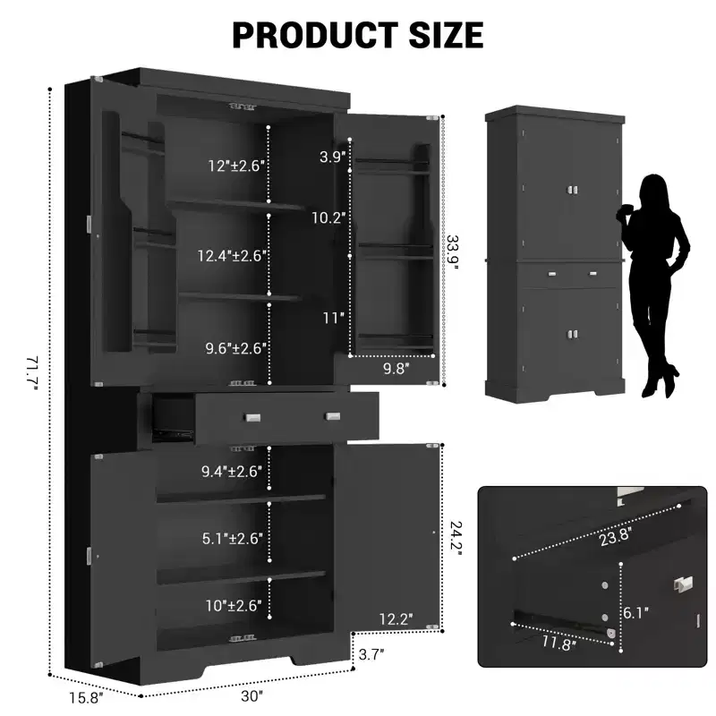 6 Door Wood Cupboard with 4 Adjustable Shelves, Modern Storage Cabinet for Dining Room, Living Room, or Laundry