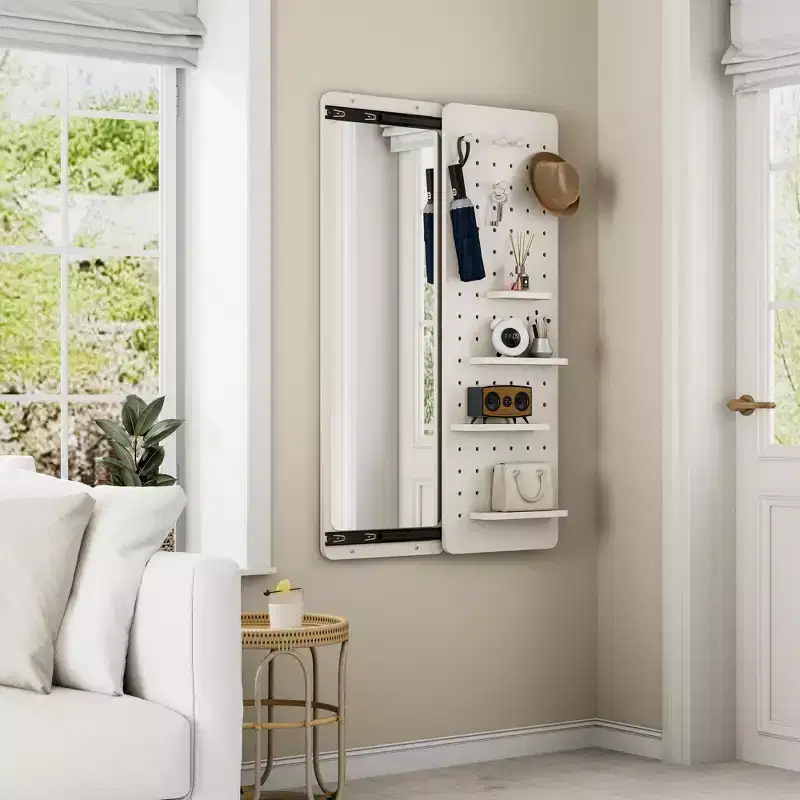 Wall Mounted Full-Length Mirror with Shelf, Hook & Sliding Panel