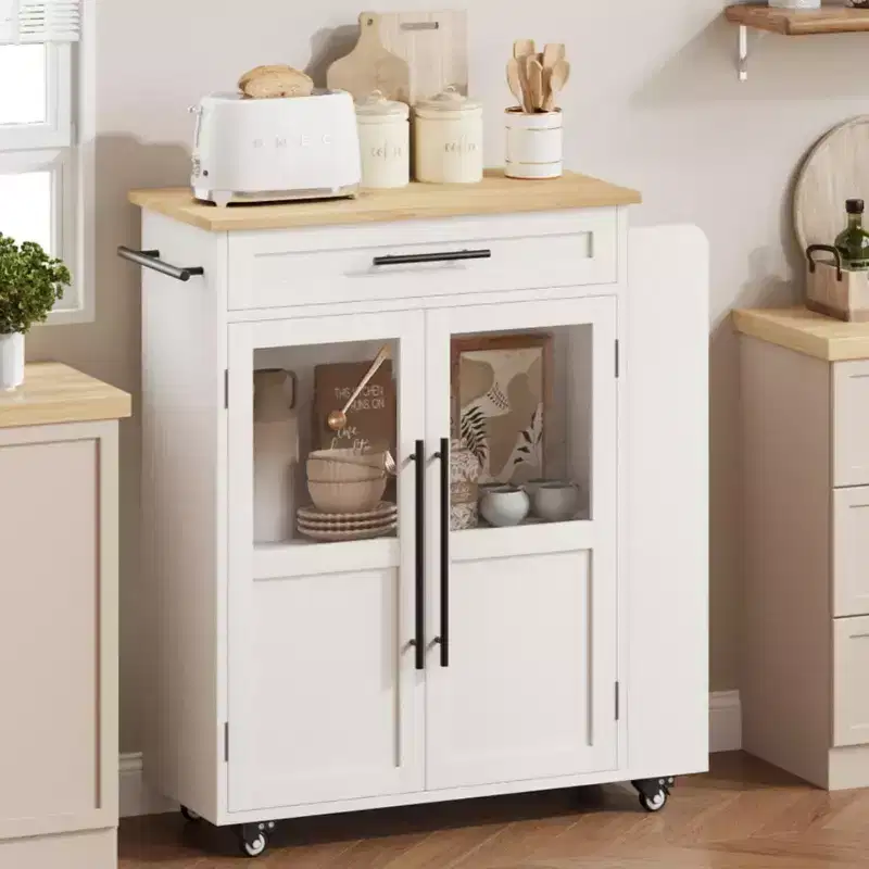 42-Inch Kitchen Island Cart with Wood Top, Drawer, 3-Tier Shelves & Locking Wheels