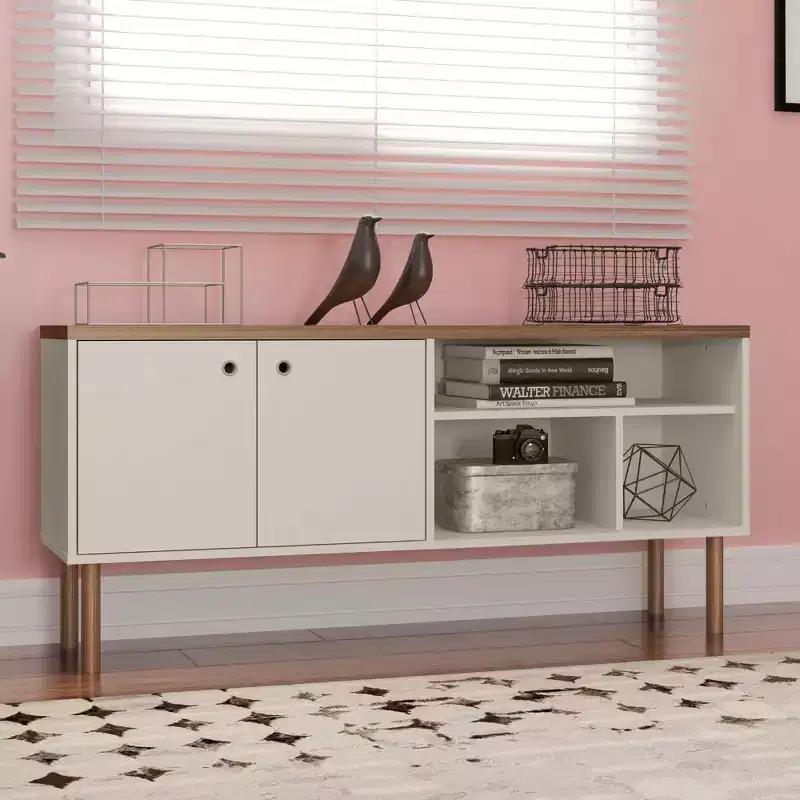 Windsor TV Stand for TVs up to 50" White/Natural - Manhattan Comfort: Media Console with Open Shelves & Cabinet Storage