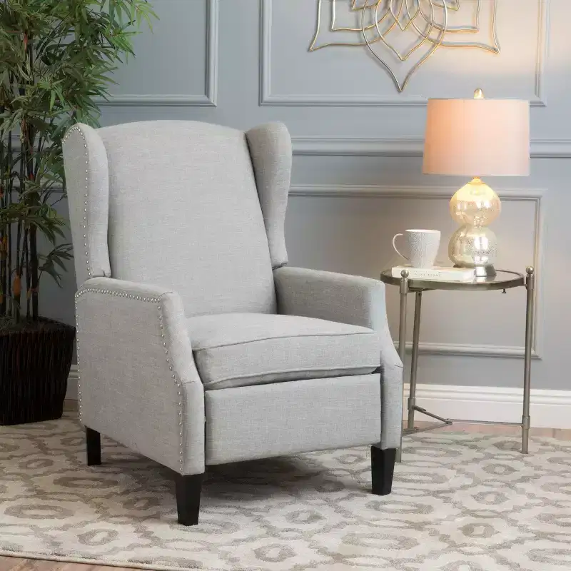 GDFStudio Weyland Contemporary Fabric Wingback Pushback Recliner with Nailhead Accents