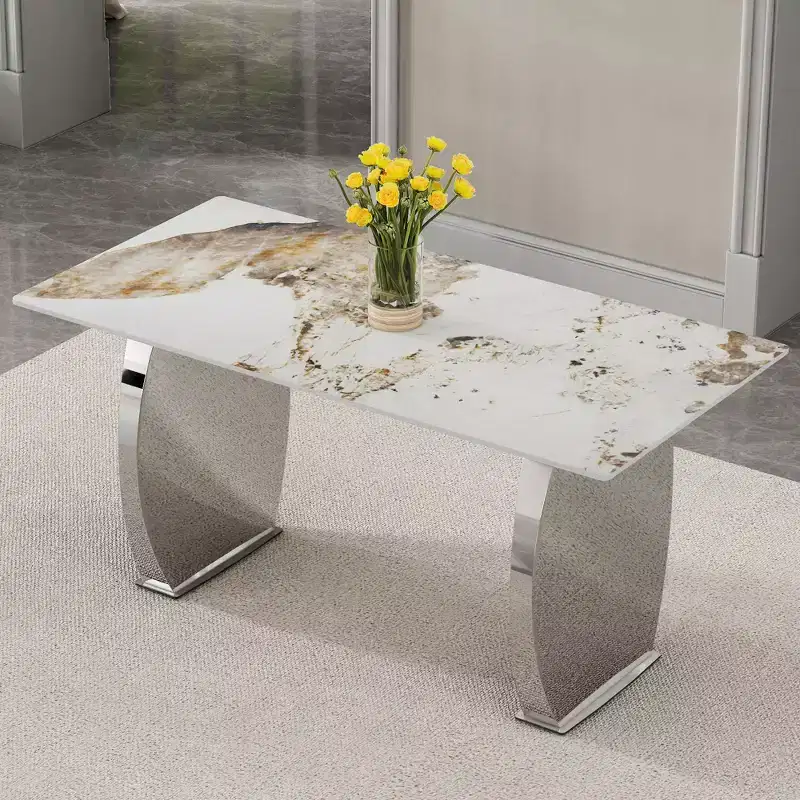 Rectangular Dining Table with Patterned Tabletop, Stone Kitchen Table for Dining Room Living Room Office Kitchen