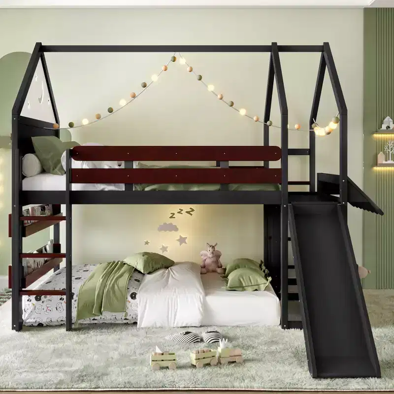 Full Size Kids Loft Bed with Slide and Bookshelf, Solid Wood House Loft Bed Frame with Convertible Ladder for Kids Playhouse