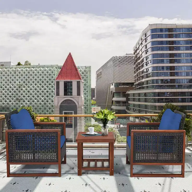 Costway 3PCS Patio Wicker Furniture Set Solid Wood Frame Cushion Sofa w/ Square Table Shelf