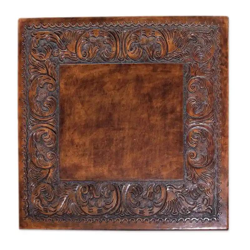 Dark Brown Tooled Leather and Mohena Wood 1-Drawer End Table for 1 Person