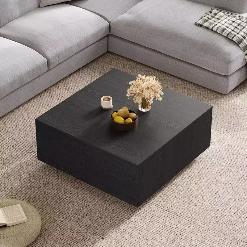 Whisen Square Wood Coffee Table with 4 Drawers Storage, Classic Finish for Living Room
