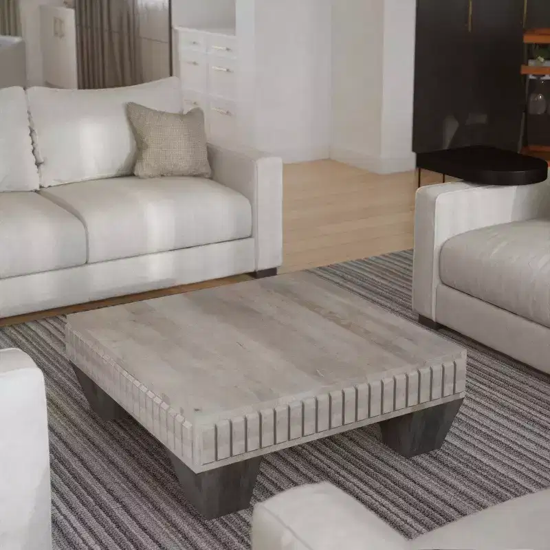 Royal Hampton Tokyo Inspired 36 Inch Square Mango Wood Coffee Table-Handcrafted with Elegant Sandblasted Gray Finish and Tapered Legs