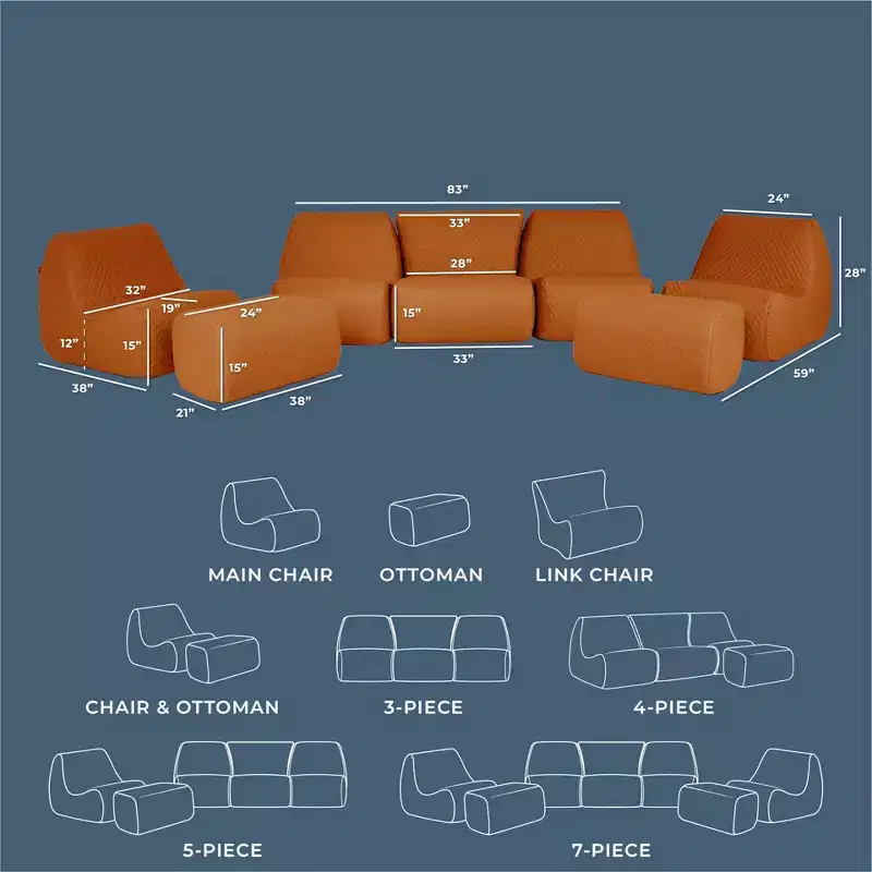 Big Joe Solvana Outdoor Patio Furniture Set, Weather-Resistant Cool Touch Silicone Stitched Leather Sofa, 7 Piece Sectional, Honey Sand