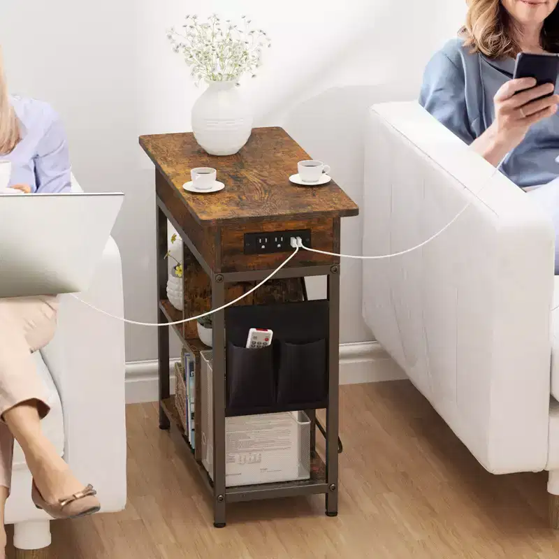 Metal & Stone End Table with USB Ports and Outlets