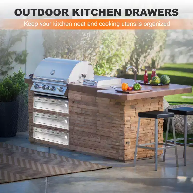 24 Outdoor Kitchen Drawer, 304 Stainless Steel Flush Mount Single Layer BBQ Island Drawer, Storage Drawer for Outdoor Kitchen Grill Station