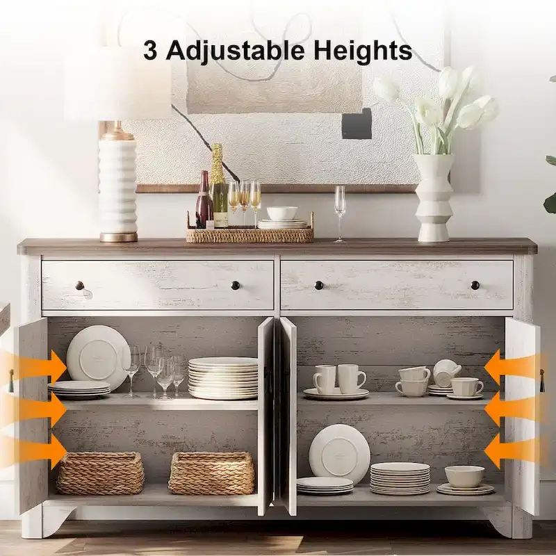WAMPAT Farmhouse 3PCS Bedroom Set, 59 W Large Sideboard Buffet Cabinet,and Wood Nightstands Set of 2 with Charging Station