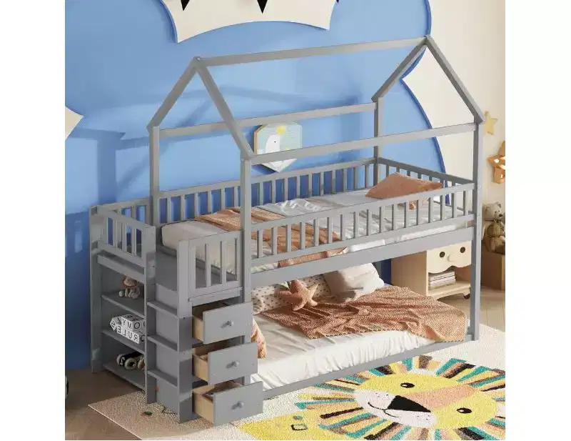 Twin Loft Bed with House Roof Frame, Safety Rails, Storage Stairs and Shelves