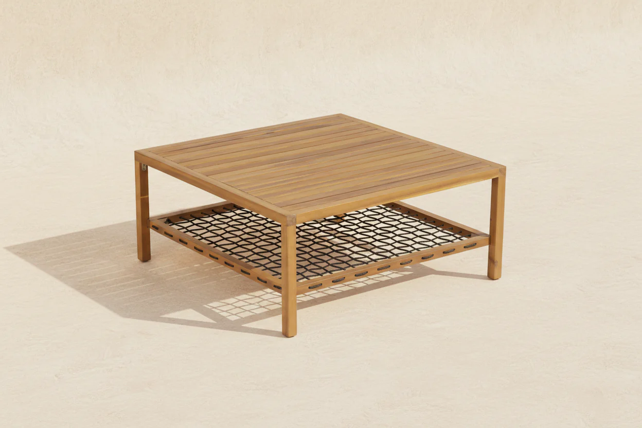 Outdoor Acacia Wood Coffee Table with Woven Rope Storage Shelf