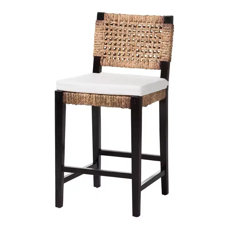bali & pari Modern Bohemian Counter Stool, Dark Brown Mahogany & Seagrass, Woven Backrest