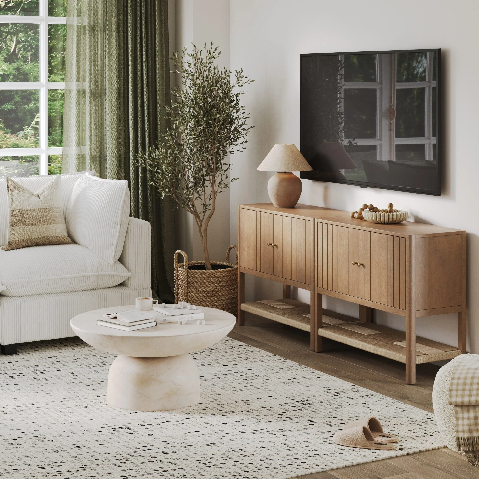 Wood TV Console with Open Seagrass Shelf for TVs up to 65 Light Brown