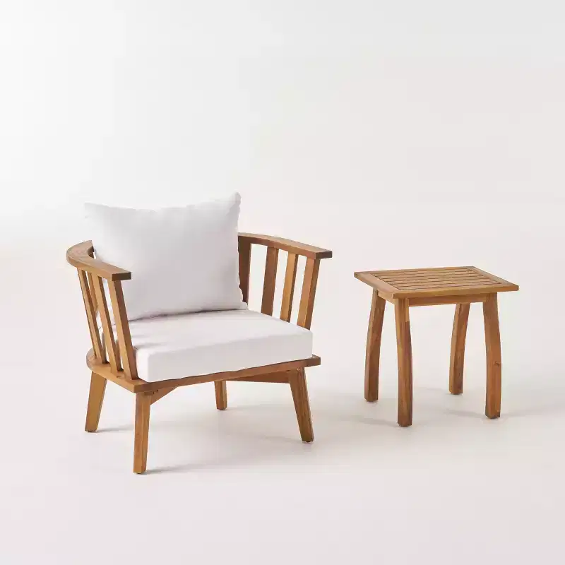 GDFStudio Oleander Outdoor Acacia Wood Club Chair and Side Table Set with Cushions, Teak/White