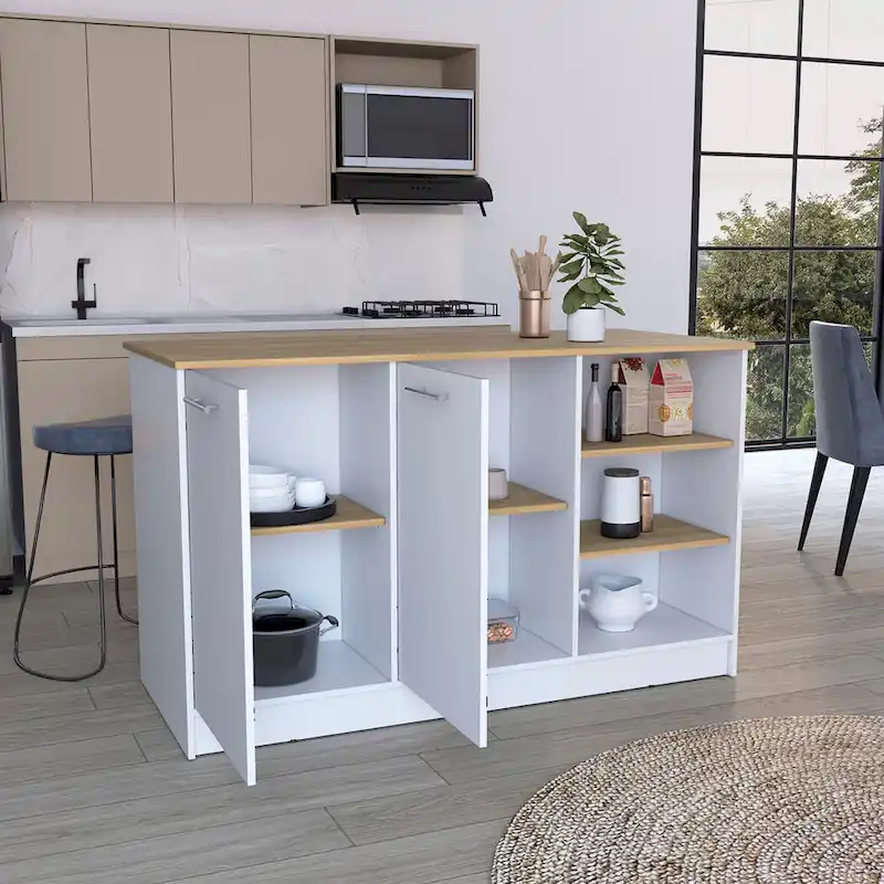 Ginger 59-inch Wide Kitchen Island with 3 Open Shelves and 2 Cabinets