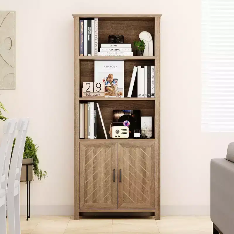 Farmhouse Bookshelves and Bookcases with Doors, 5-Tier Storage Bookshelf-Bookcase, Wooden Shelf Bookshelves
